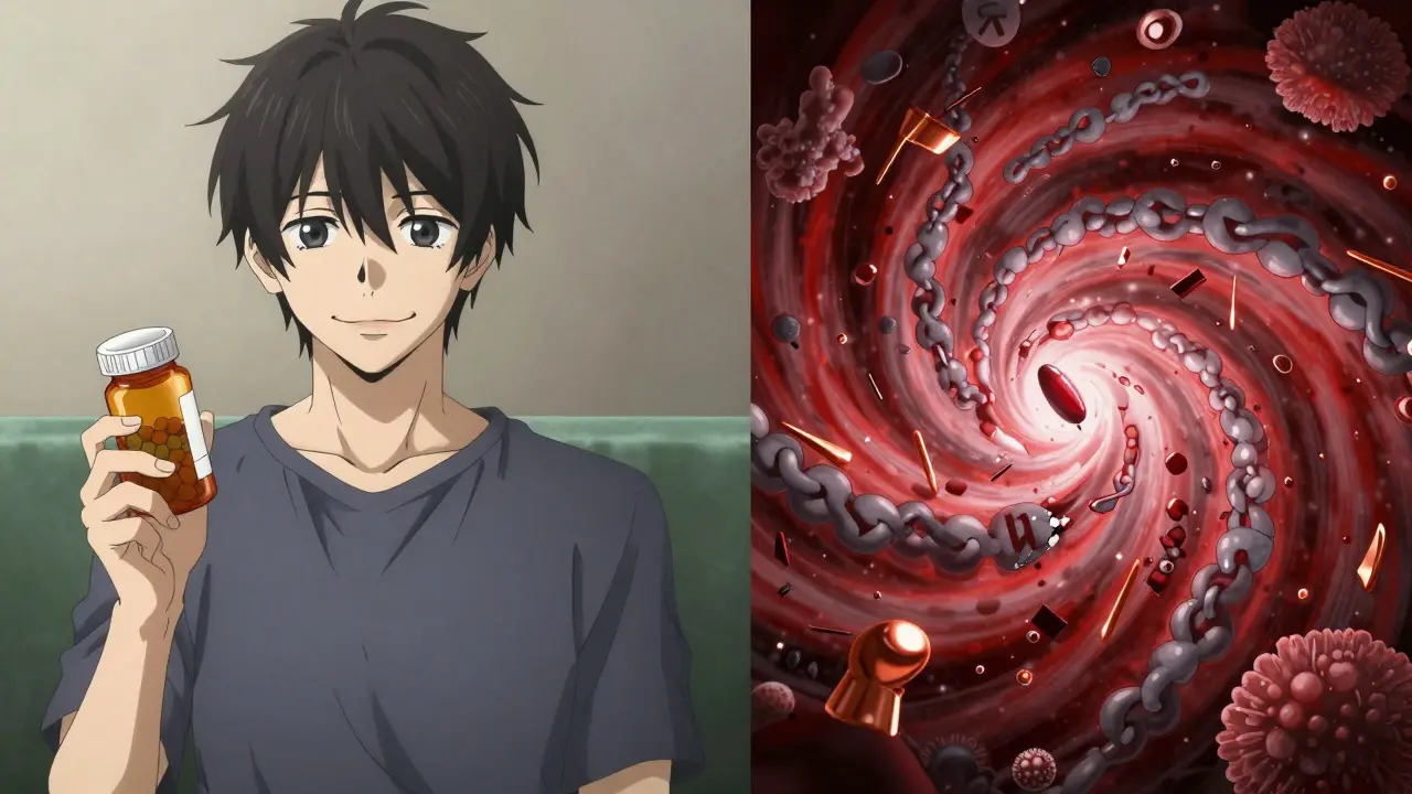 Patient's smile cracking as pills transform into toxic symbols in a dark vortex.