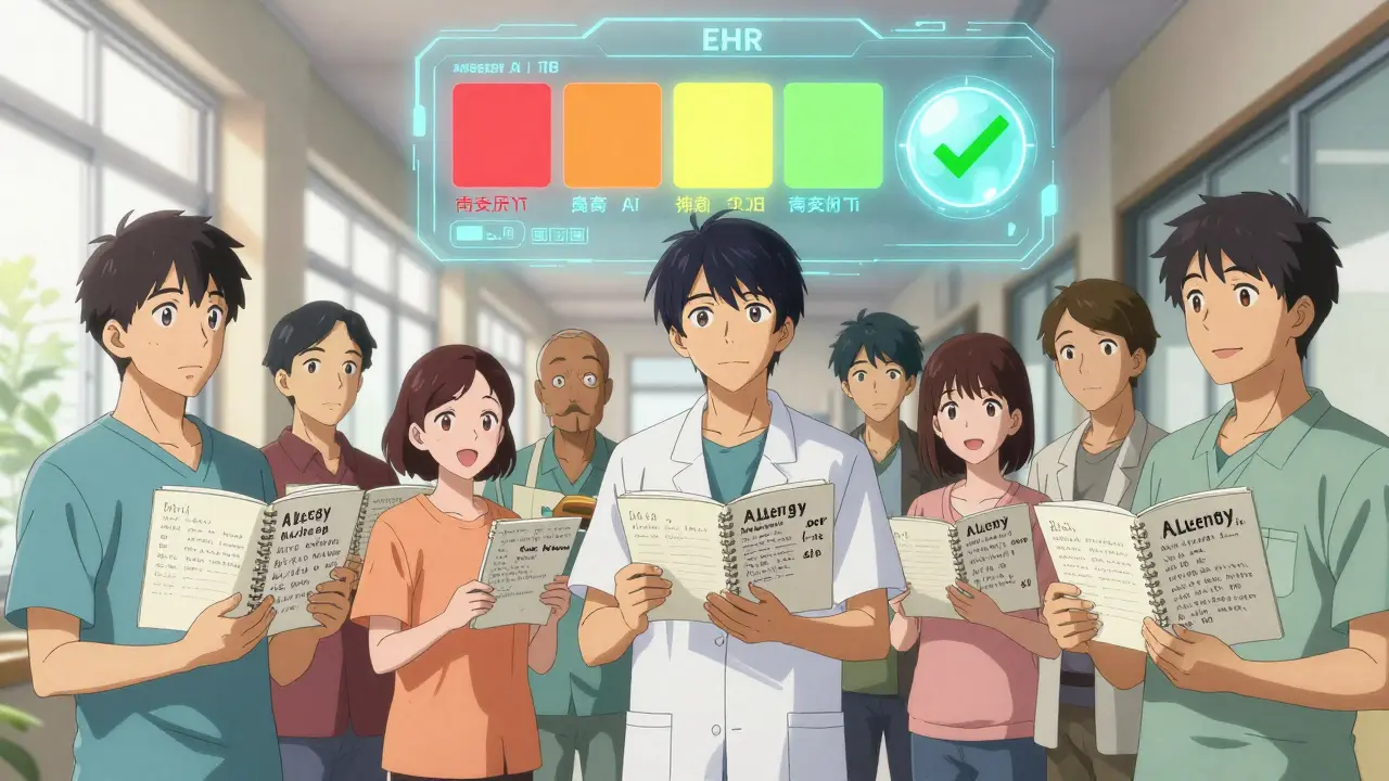 Patients holding written allergy logs in a clinic, with an AI orb transforming alert colors from red to green.