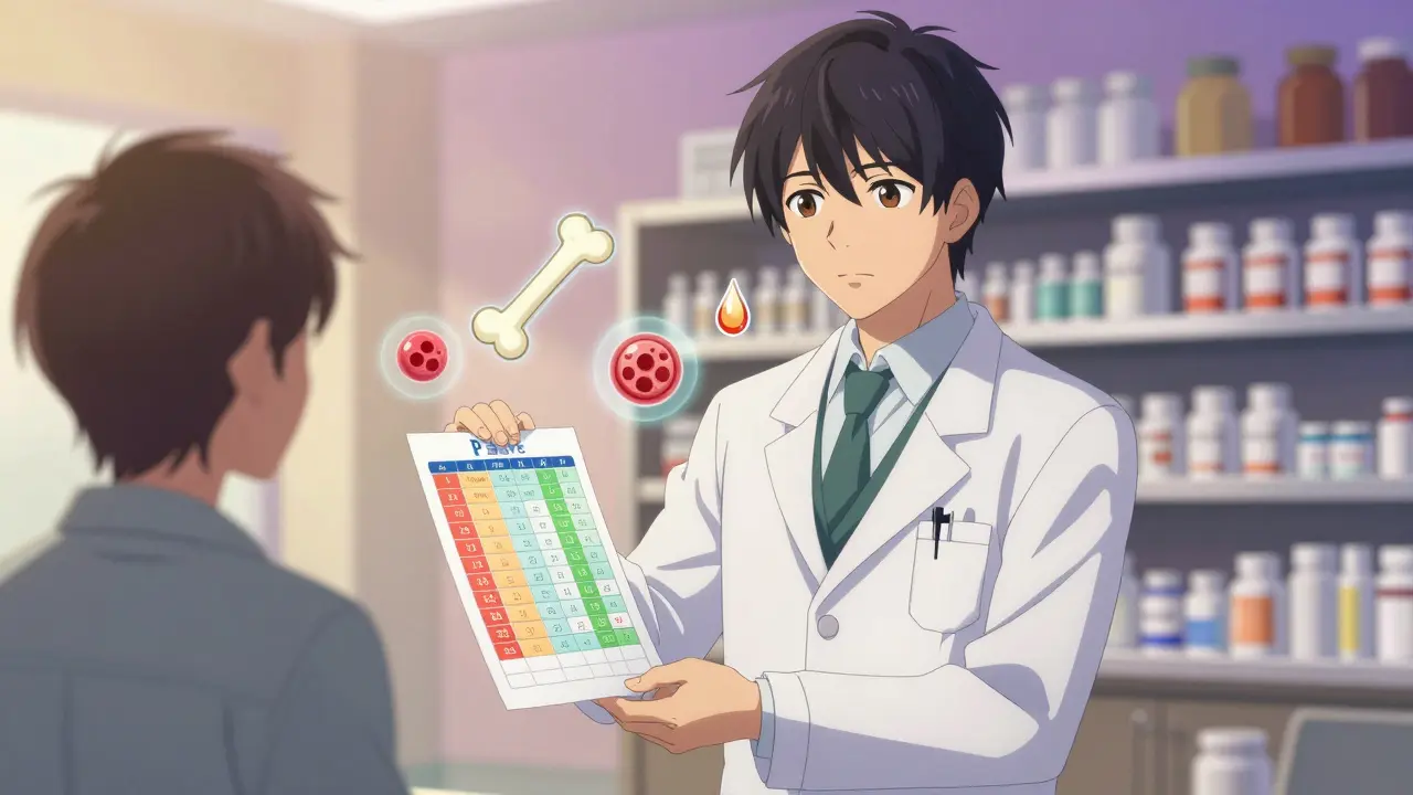 Pharmacist handing patient color-coded medication schedule with floating health icons.