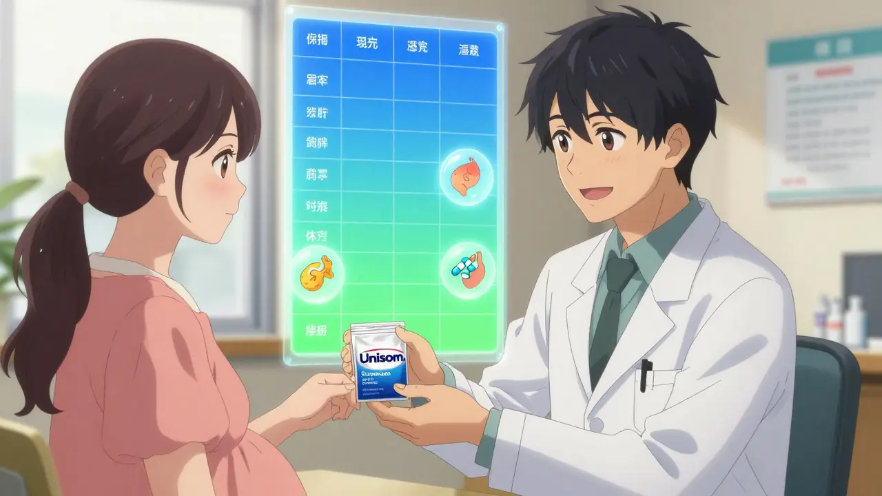 Pharmacist handing pregnancy-safe medications to a patient with supportive smile.