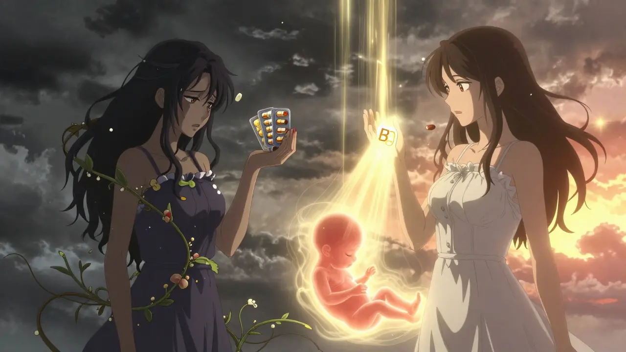 Split scene: dangerous meds vs. safe pregnancy treatments with glowing contrast.