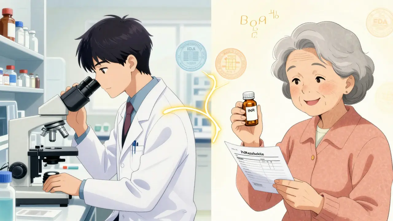 Split scene showing lab testing and a patient with results, connected by a golden thread symbolizing FDA standards.