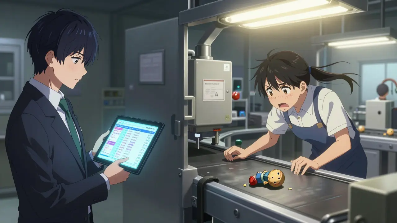 Split scene: U.S. inspector with real-time data vs. panicked factory manager hiding defective products.