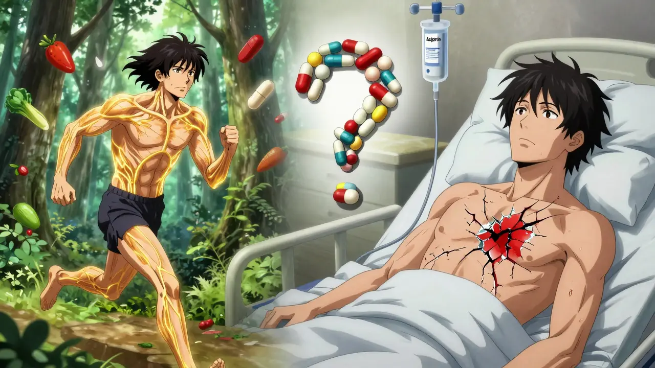 Split scene: young man running healthily vs. older man in hospital with cracked chest, aspirin pills falling like rain.