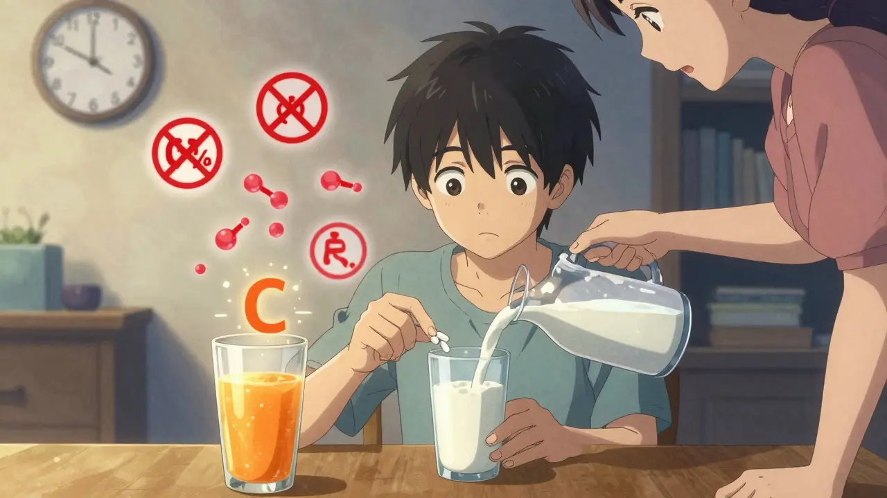 Teen taking iron with milk, warning symbols above, orange juice glowing beside, lunchtime setting.