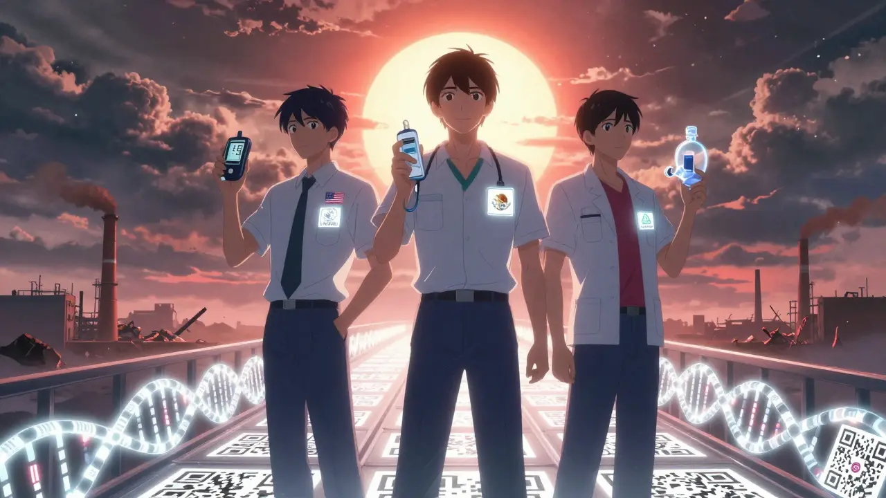 Three professionals stand on a data bridge holding medical devices, symbolizing global quality reform.