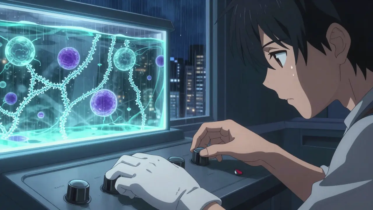 Two hands adjust controls as glowing cells and glycan vines pulse behind them, rain streaks the window.