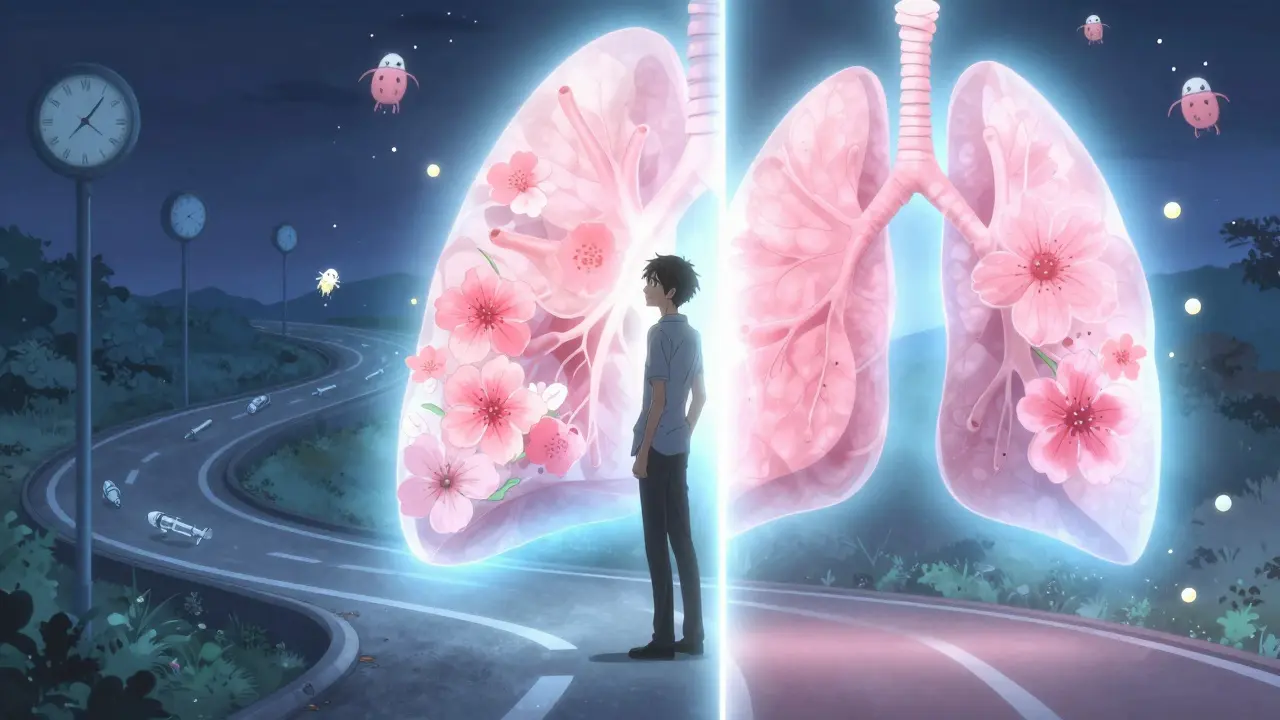 Two pathways converge into a healthy lung with blooming flowers, symbolizing immunotherapy's long-term benefits.