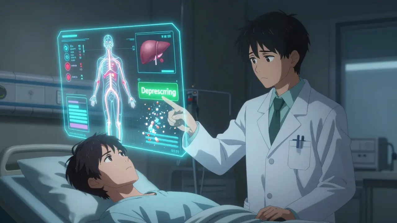 A holographic health interface with red alerts over organs, a pharmacist pointing to 'Deprescribing', glowing neon outlines in dark room, bishounen style.