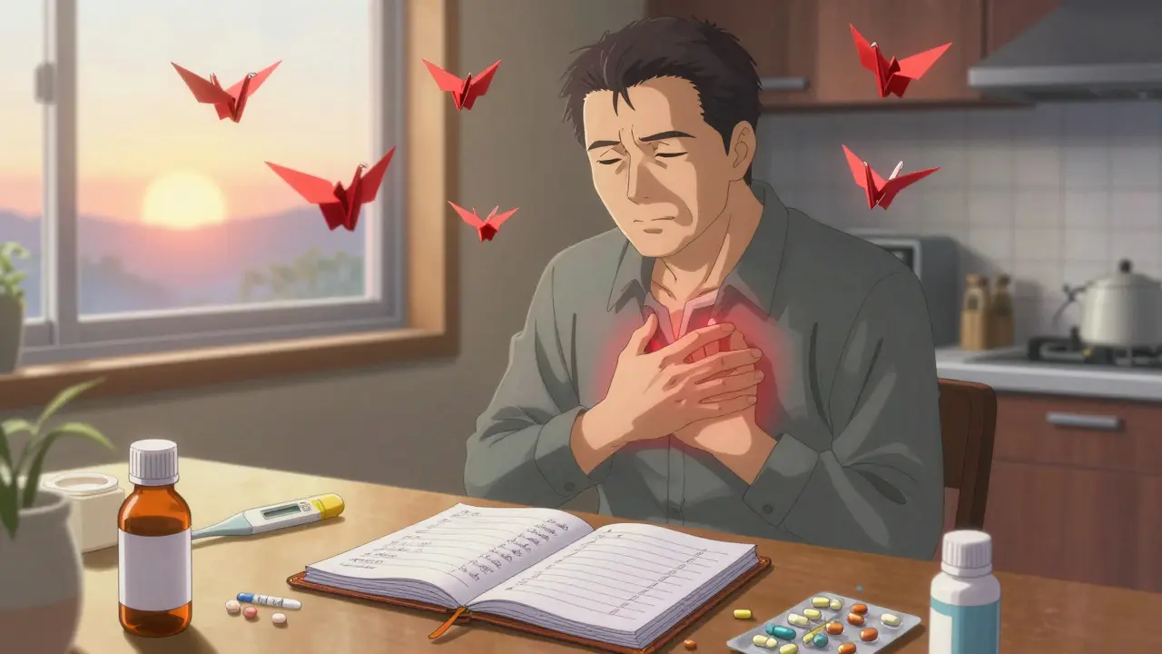 A man reviews his medication list at home, with expired pills and warning symbols nearby.