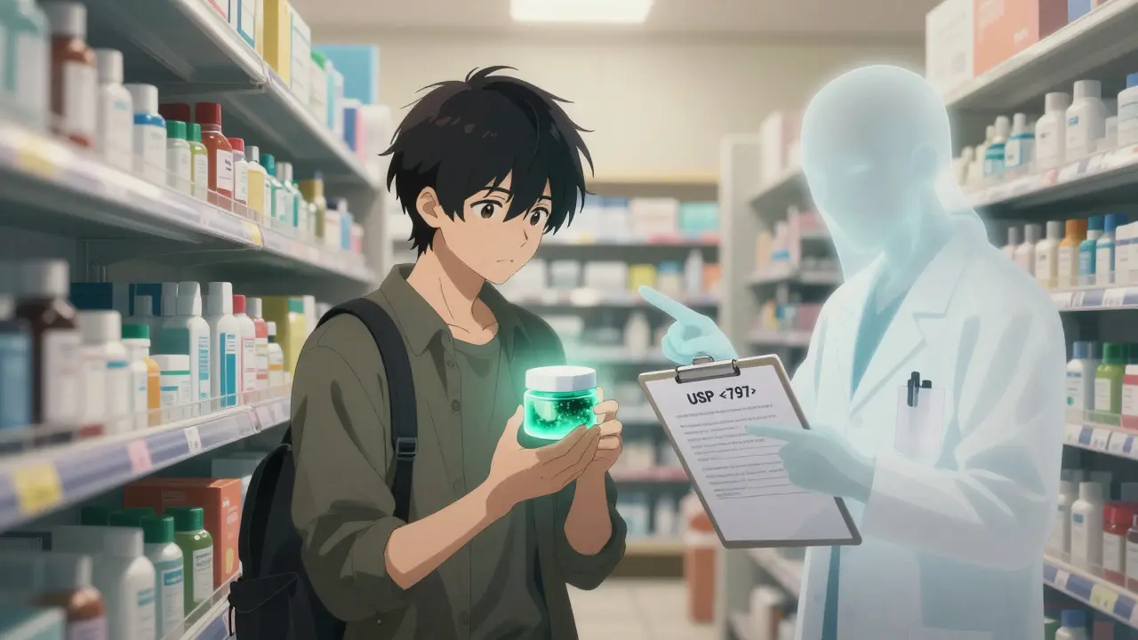 A patient examines a compounded cream with visible impurities while a pharmacist gestures with guidelines.