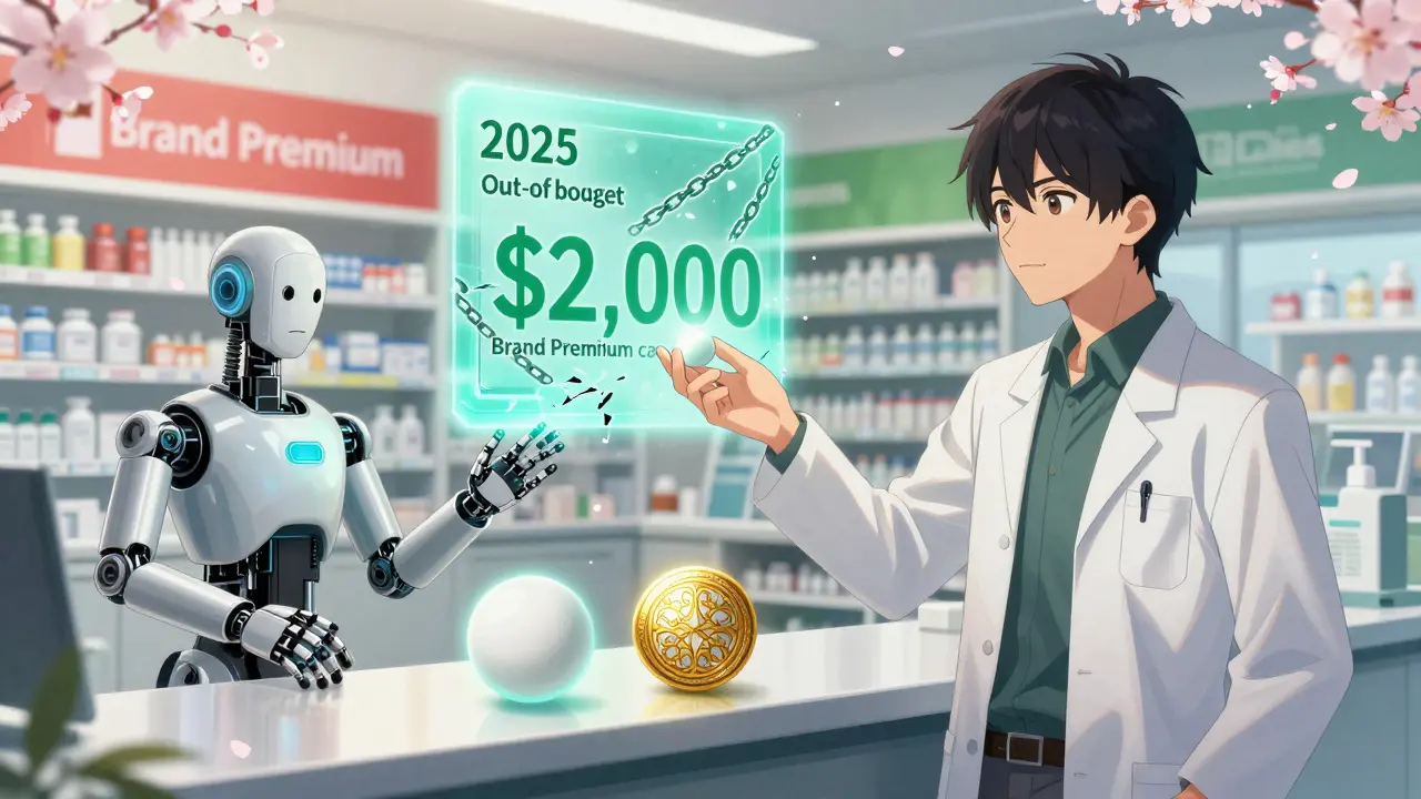 A person selecting a simple generic pill as a holographic cap shatters financial chains, with cherry blossoms symbolizing reform.