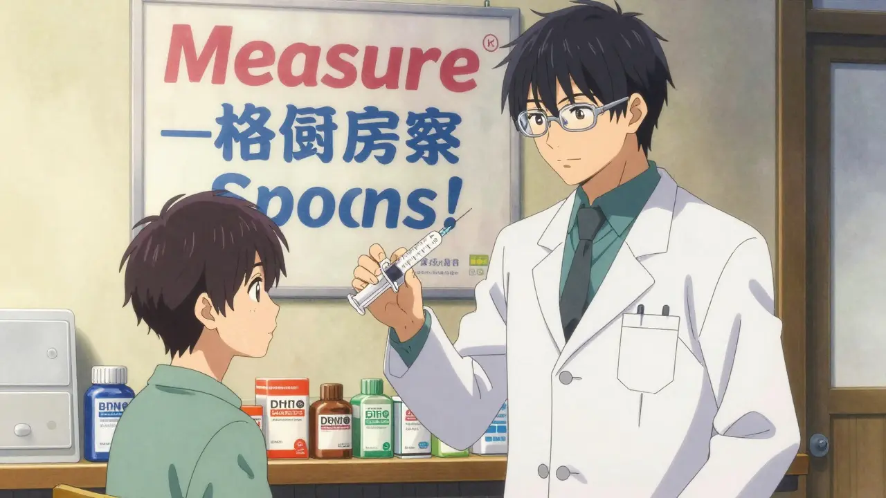 A pharmacist hands a measuring syringe to a teenager, emphasizing accurate dosing.