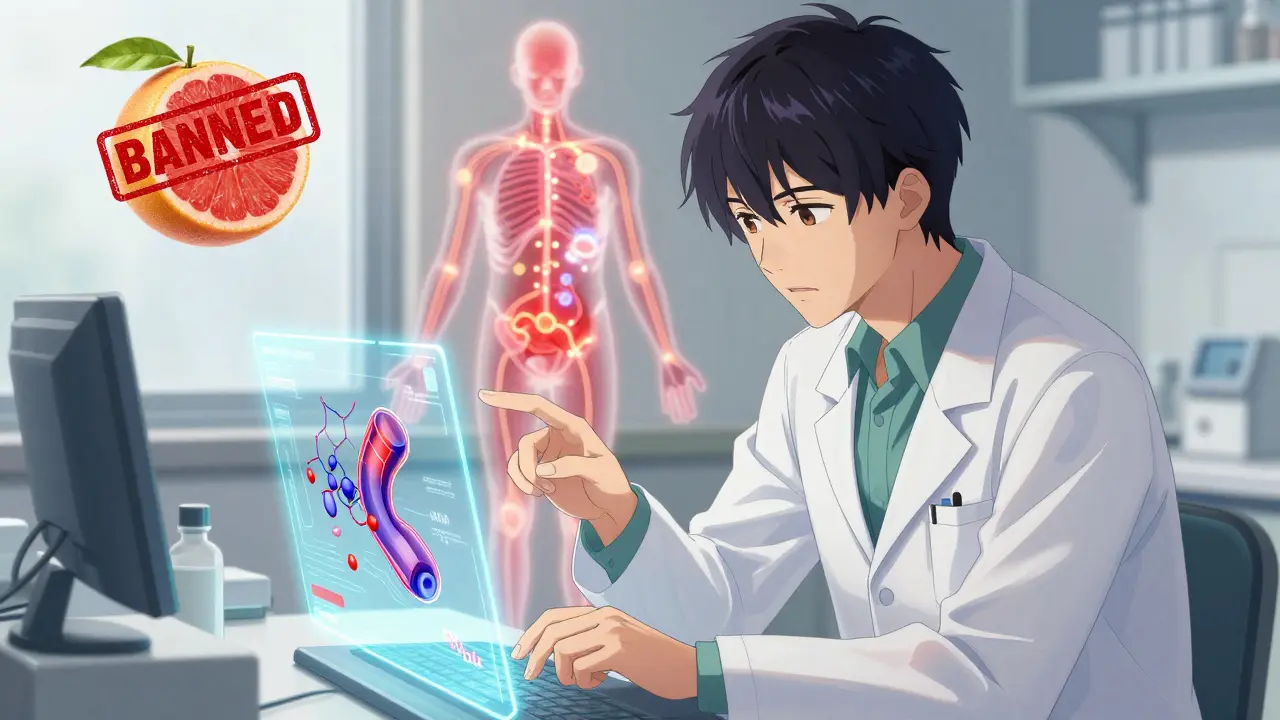 A pharmacist manipulating holographic drug models of cyclosporine and CYP3A4 enzymes in a clinical lab setting.