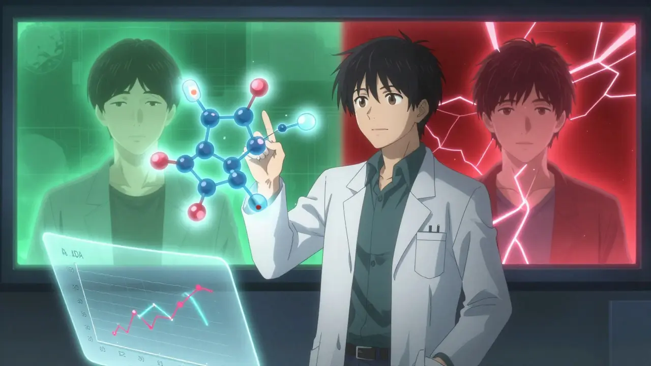 A scientist analyzing molecular differences between a biologic and its biosimilar with visualized immune responses.