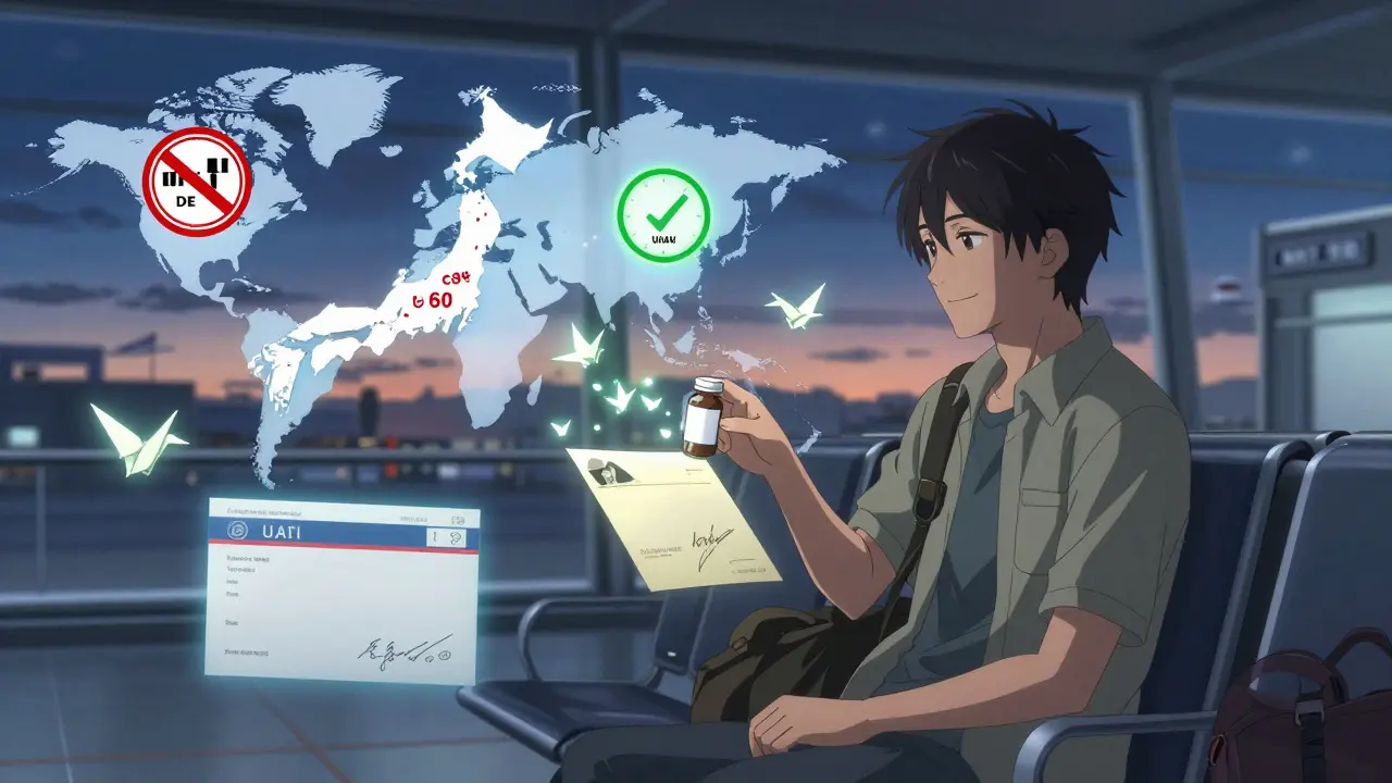 A traveler at a quiet gate surrounded by floating country-specific travel rules, holding their medication and official letter as dawn breaks.