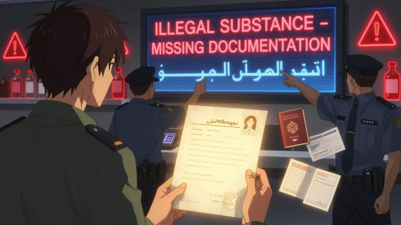 A traveler being questioned by border officers, with a glowing doctor’s letter protecting them from legal consequences.