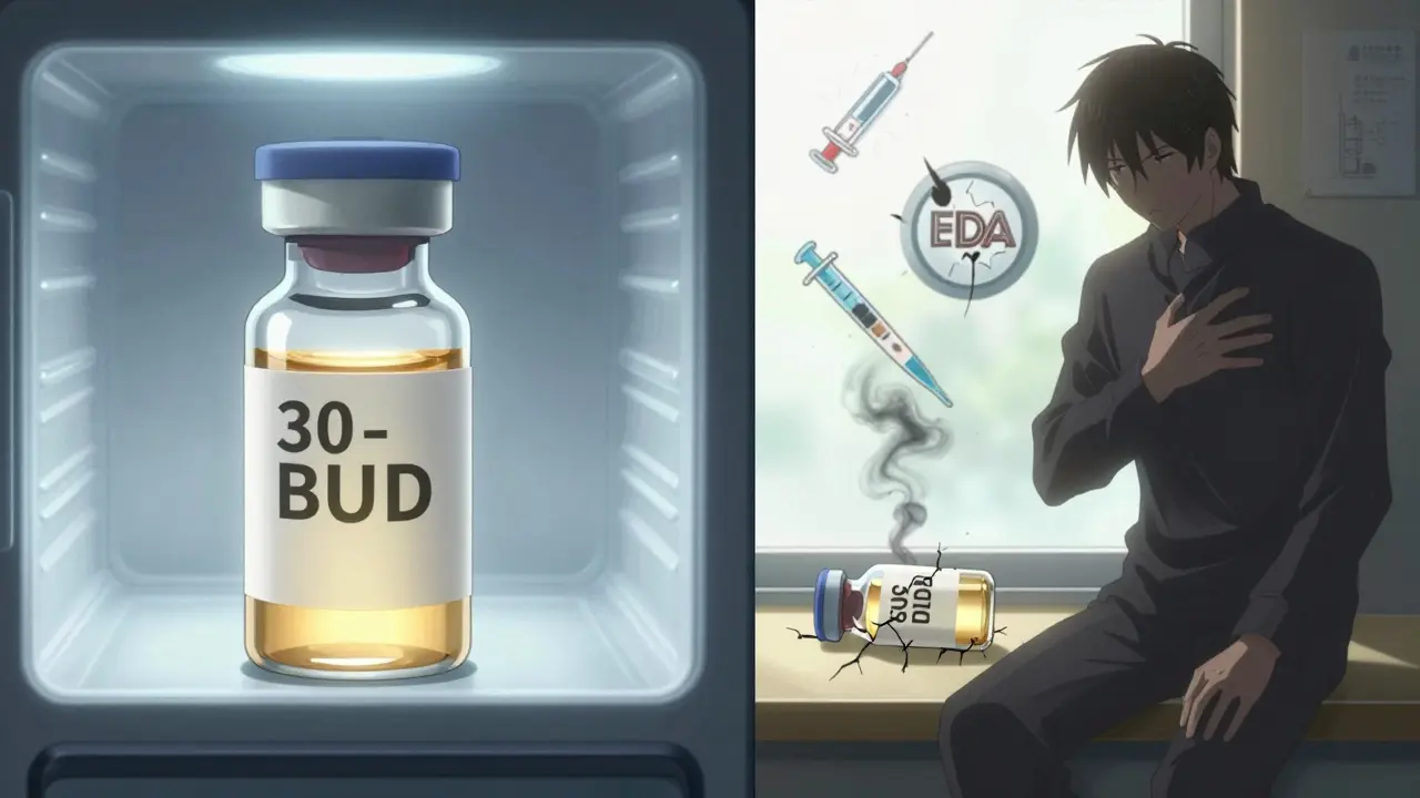 A vial's stability contrasted between proper refrigeration and unsafe exposure to sunlight.