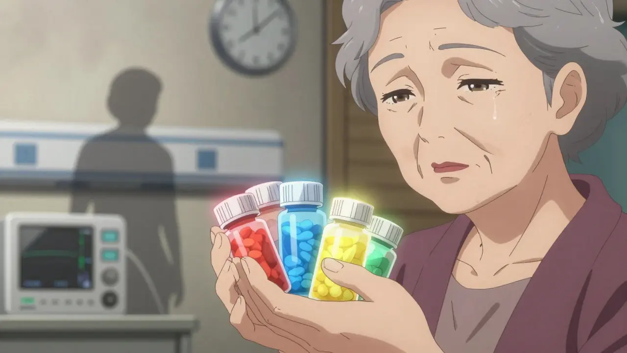An elderly woman's hands holding five pill bottles, each emitting colored auras, her shadow shows collapse, soft pastels with dark shadows.
