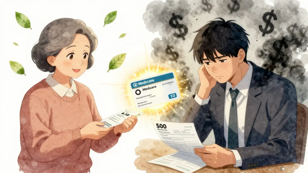 An elderly woman saving money on generics versus a man overwhelmed by high drug costs, separated by a glowing Medicare card.