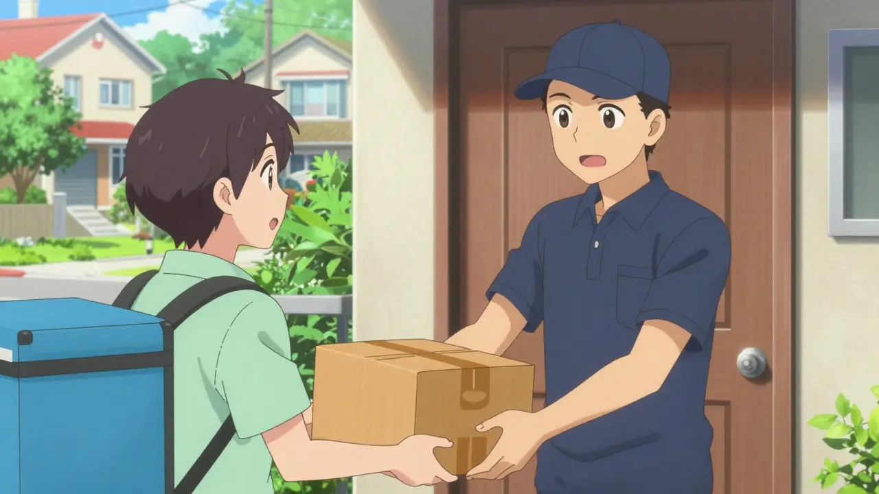 Delivery person handing a pharmacy package to a recipient at home in sunny suburban setting.
