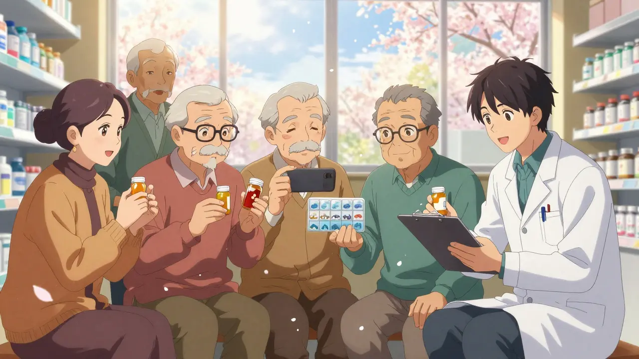 Elderly seniors in pharmacy, one taking photo of pills, pharmacist helping with organized pill box under warm light.