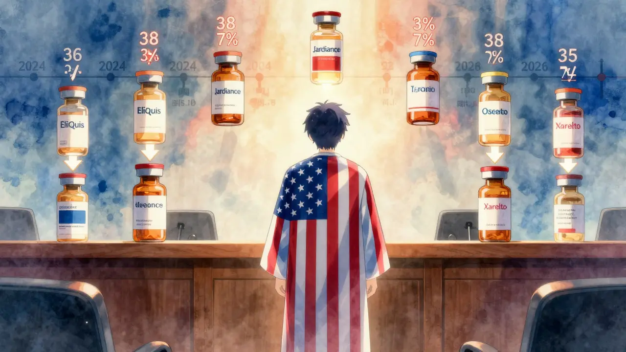 Medicare personified negotiates with ten drug vials, showing discount percentages in a courtroom-like scene.