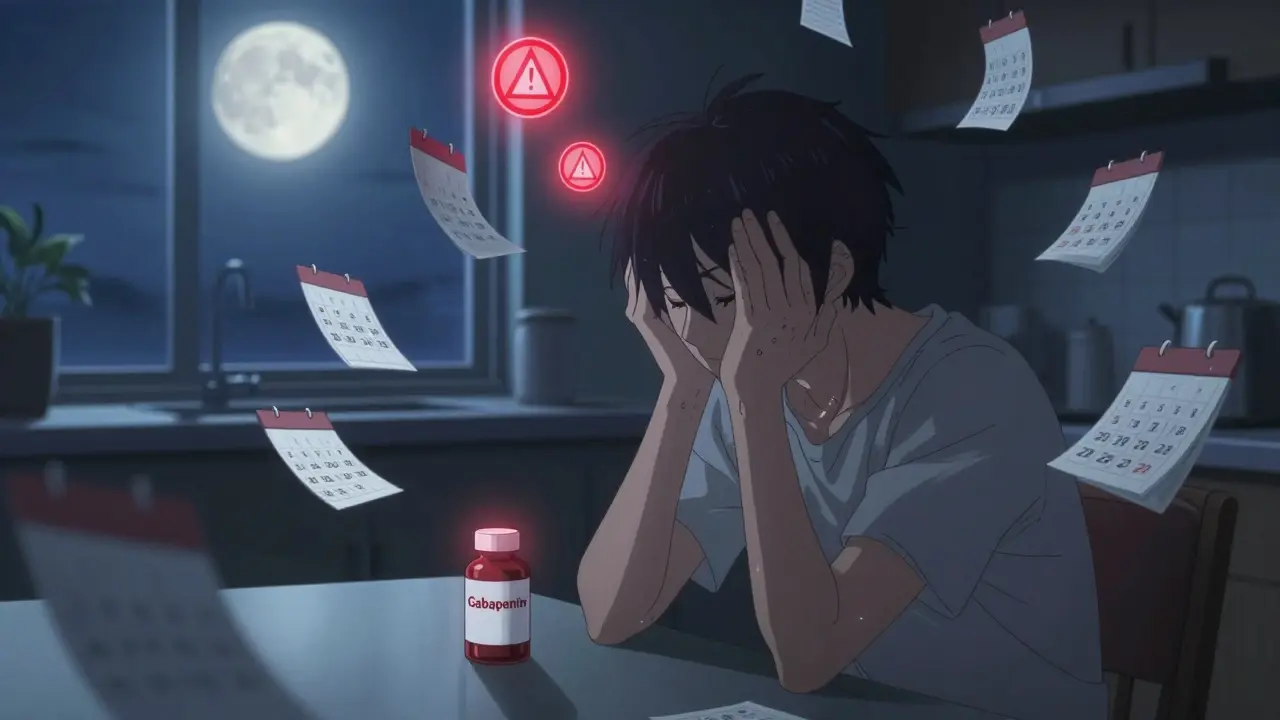 Patient overwhelmed by delayed side effects, calendar pages flipping from day 1 to day 31 beside a medication bottle.