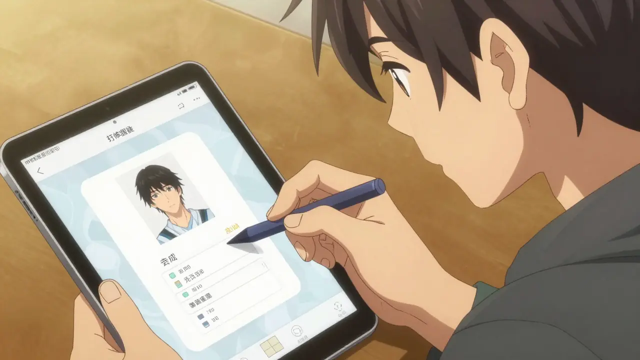 Person uploading prescription label photo to a tablet with medical form interface.