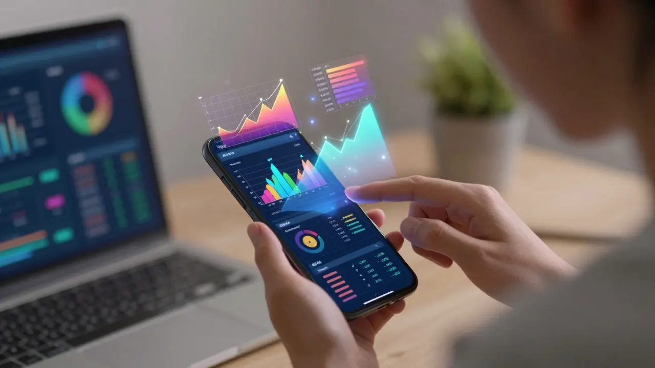 Person viewing interactive data dashboard on smartphone showing safety trends.