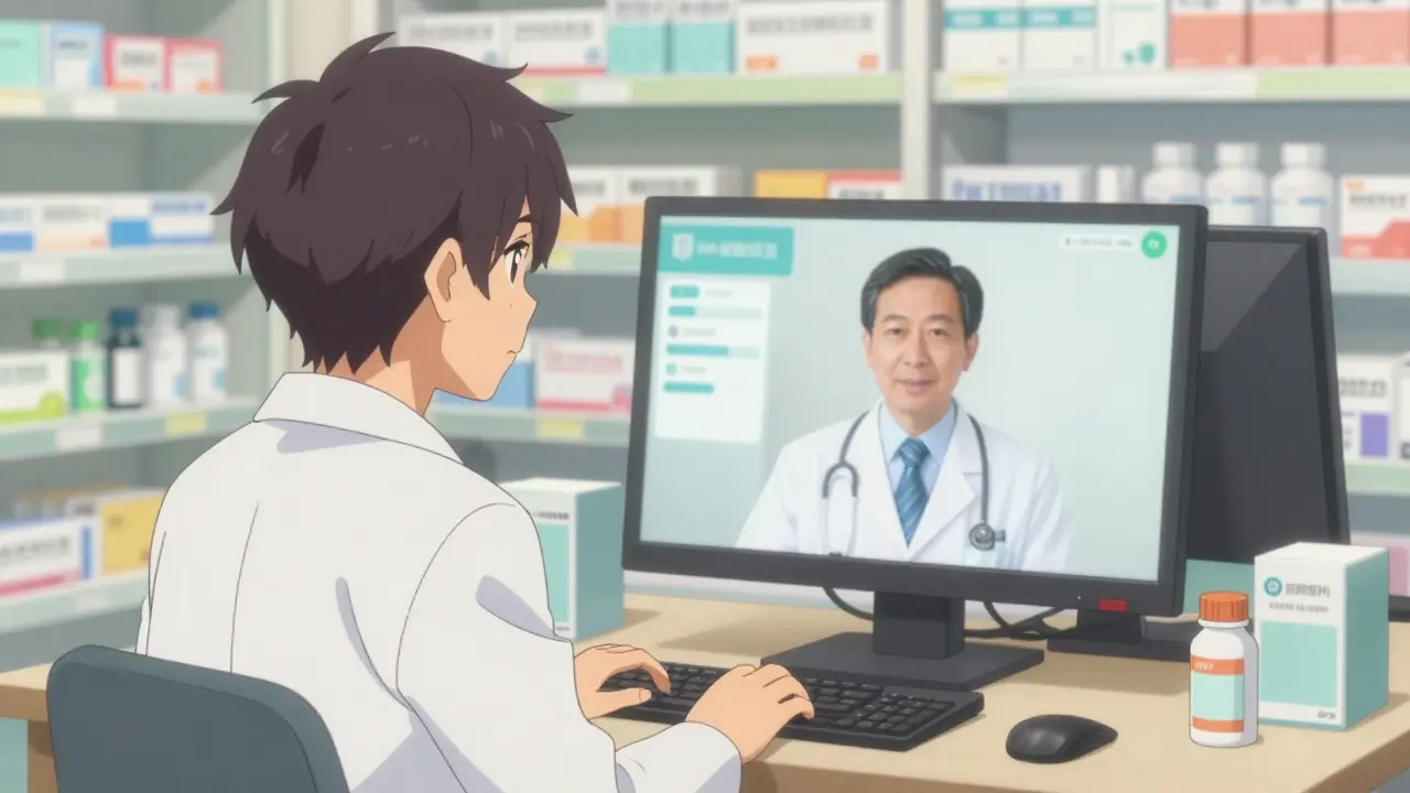 Pharmacist consulting with telehealth doctor in a modern pharmacy setting, showing hybrid model integration.
