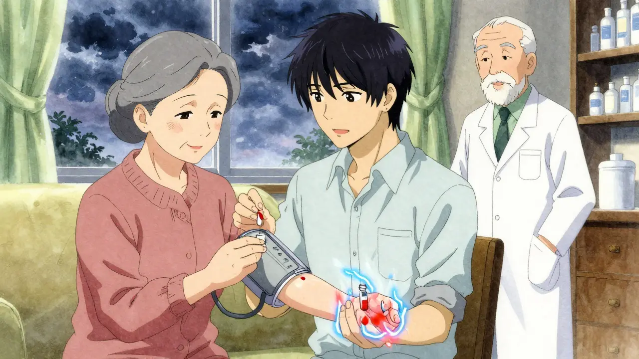 Senior woman with warfarin pill, glowing red and blue lines showing risk of clot or bleed, stormy window in background.