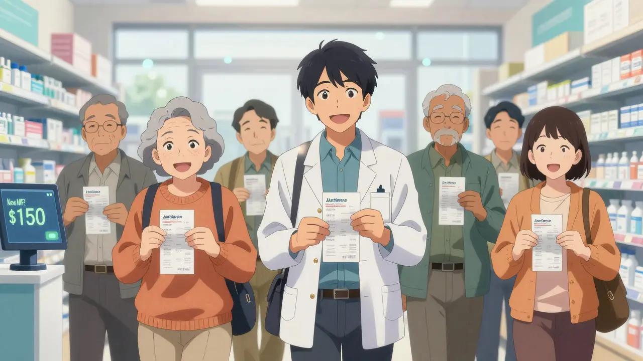Seniors smile at a pharmacy with receipts showing lowered drug prices under a glowing price display.