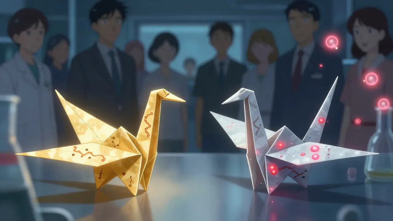 Two origami cranes made of protein strands showing subtle manufacturing differences affecting immune recognition.