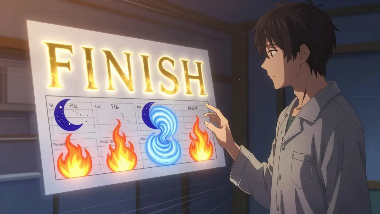 A glowing 'FINISH' medical mnemonic floats with each letter transforming into a symptom, as a calm figure reaches toward it.