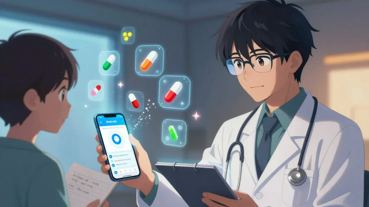 A medical professional uses a smartphone app to reveal floating drug interaction alerts, while a patient watches with hopeful eyes.