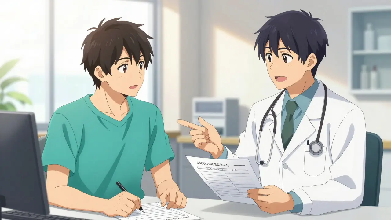 A patient discussing health options with a doctor in clinic