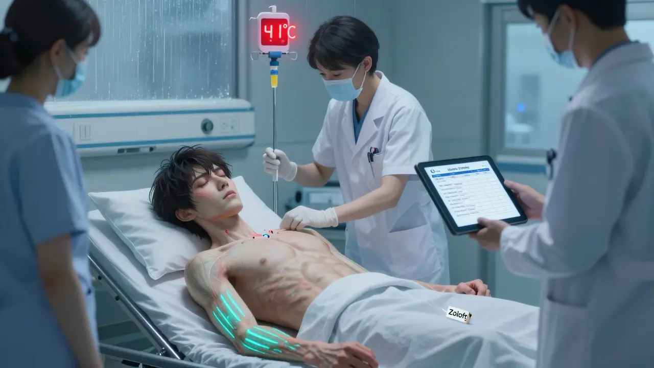A patient in emergency care with high fever, glowing muscle spasms, and medical staff administering antidote under cold hospital lights.