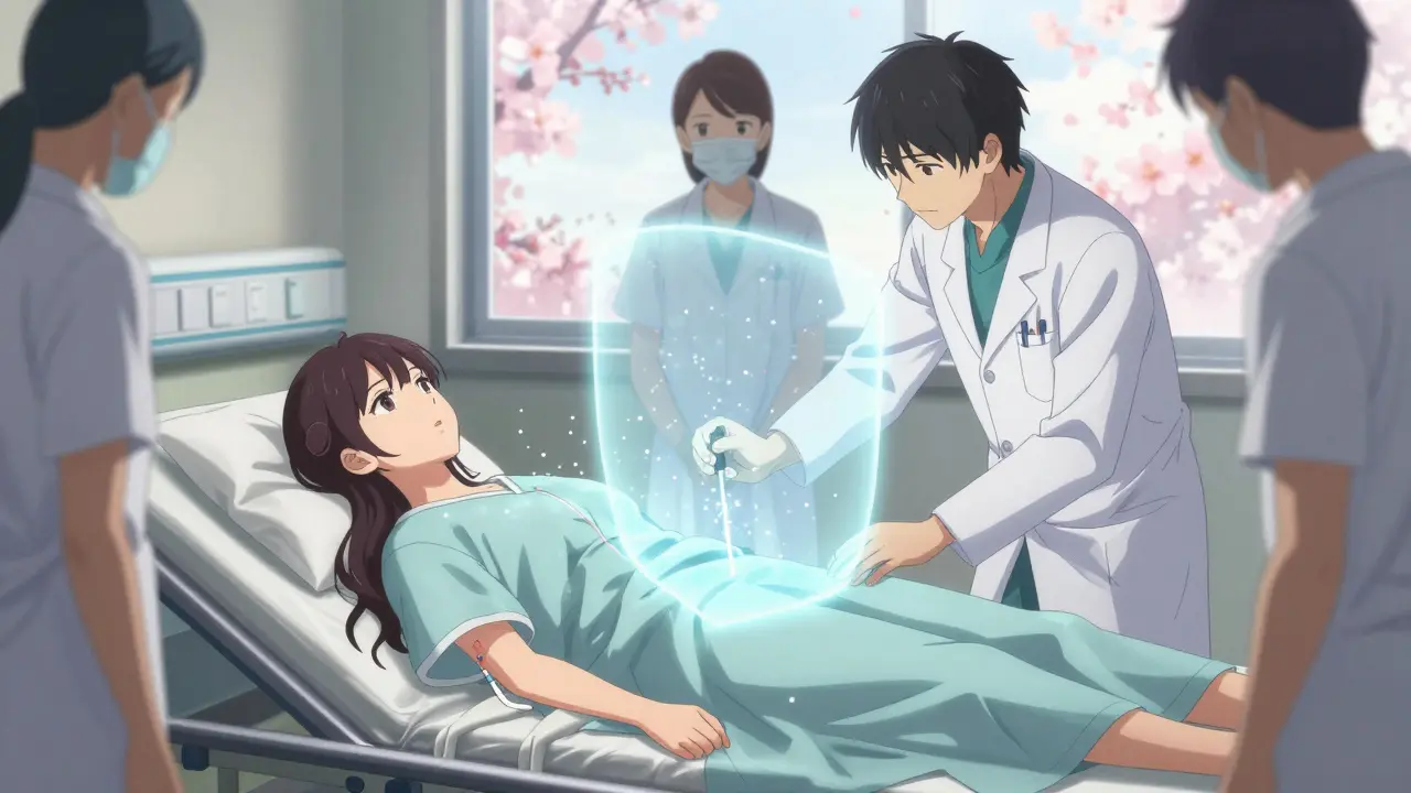 A patient undergoing desensitization in a hospital, with glowing penicillin particles entering her body and cherry blossoms falling outside.