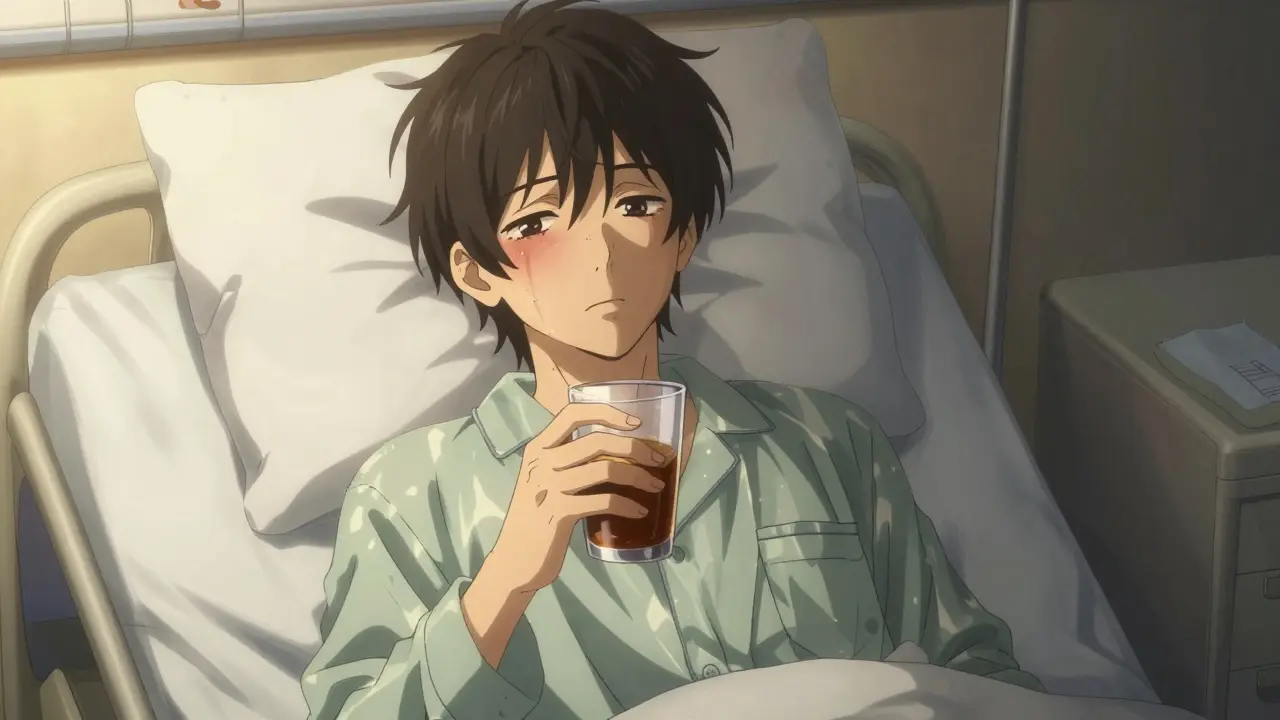 A sick man holding dark liquid in a hospital room