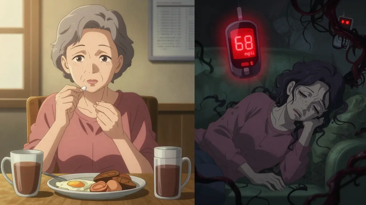 An elderly woman calmly eating breakfast on one side, trembling with low blood sugar on the other.