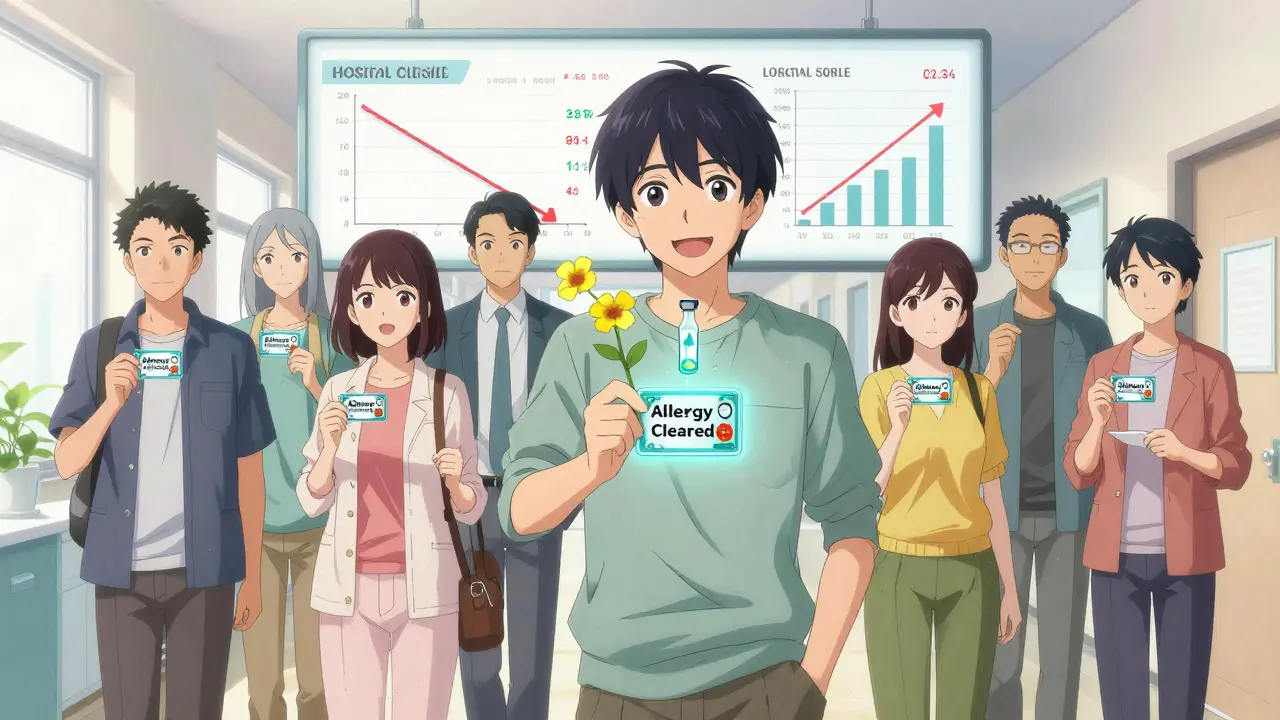 Diverse patients holding cards that say 'Allergy Cleared,' with penicillin turning into a flower and health metrics rising behind them.