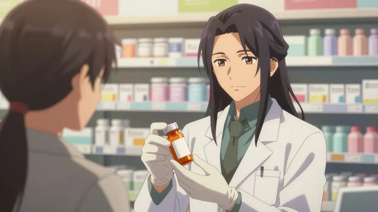 Handsome pharmacist handing medicine to patient at counter, illustrated.