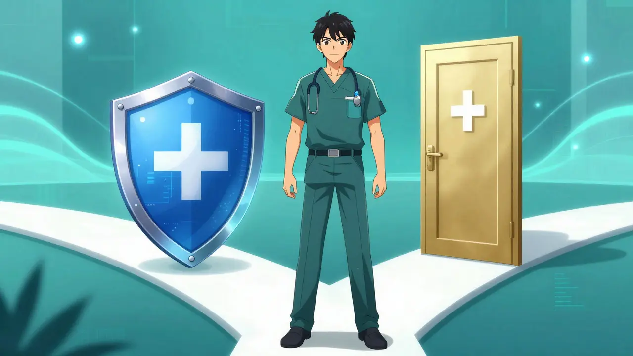 Male figure standing between a shield and open door symbolizing safety and access in anime style.