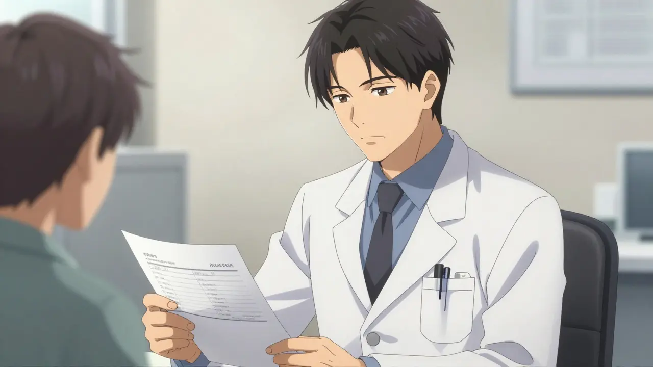 Male pharmacist reviewing patient files at a desk with focused expression in anime style.