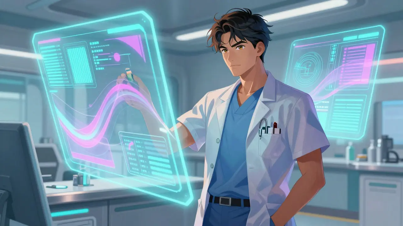 Medical director viewing abstract data in futuristic hospital control room.