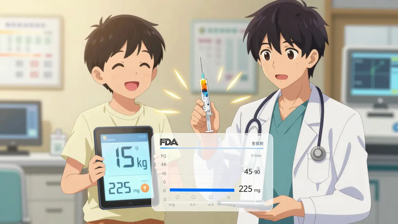 Pediatrician and pharmacist verifying child's dose using weight and guidelines, child holding syringe.