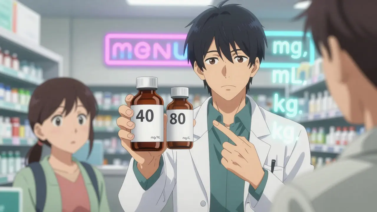 Pharmacist comparing two medication bottles with different concentrations, parent observing closely.