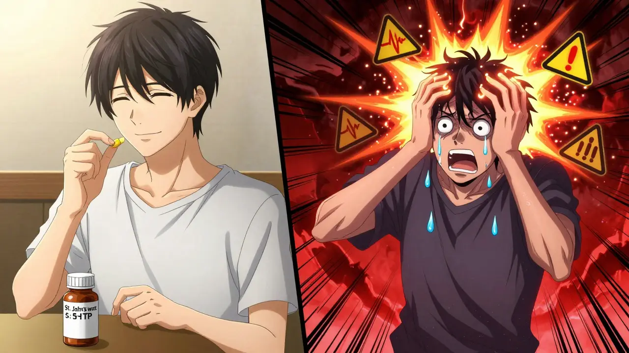 Split-panel scene: calm person taking supplements versus same person in violent serotonin crisis with glowing energy explosions.