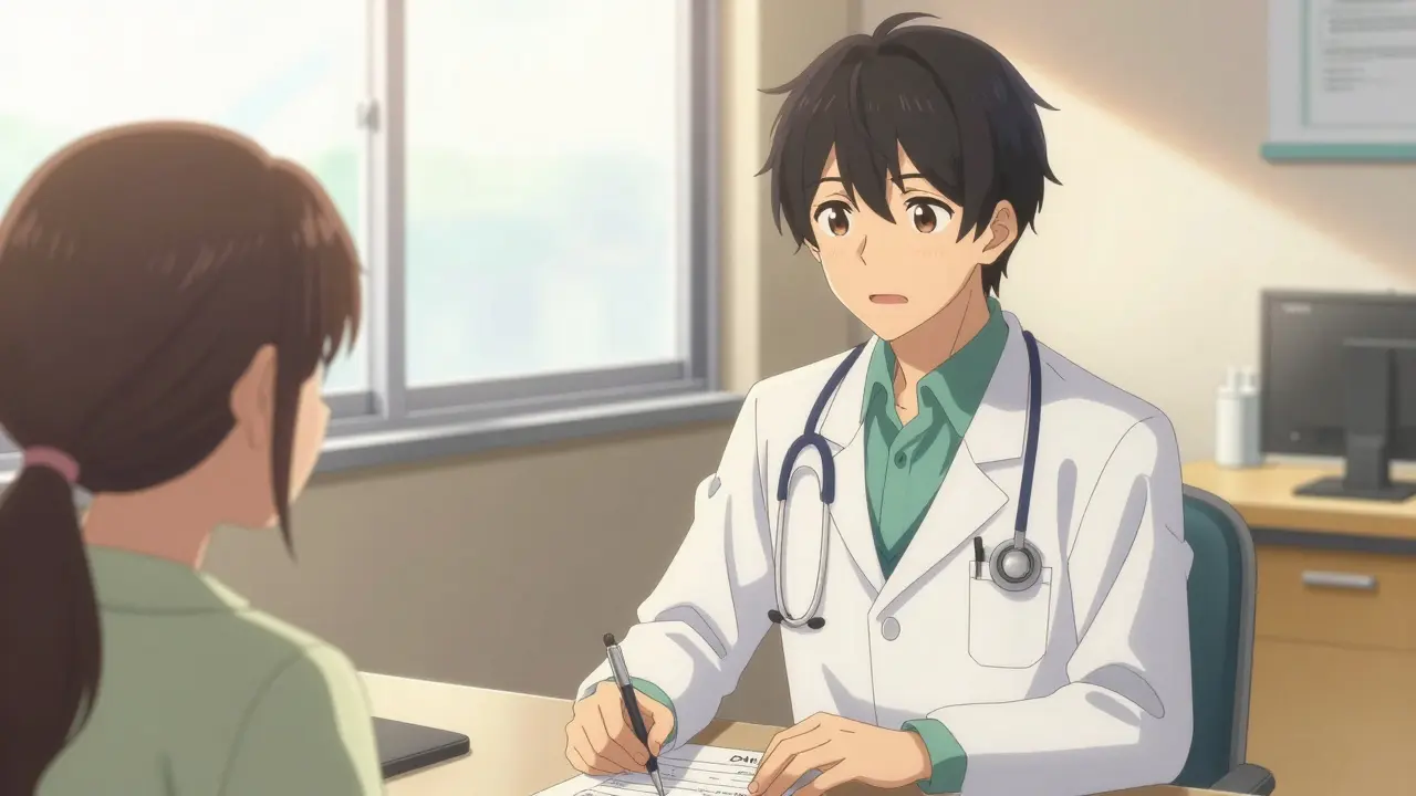 A kind anime doctor discussing a prescription with a patient in a sunlit clinic.
